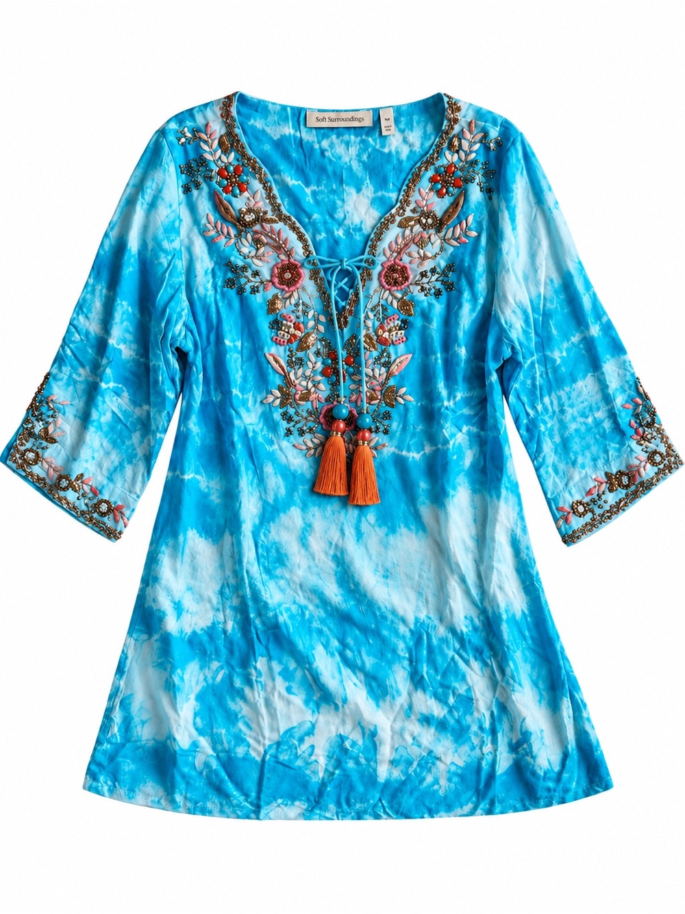 Soft Surroundings Icon Beverly Tunic Sky Tie Dye Embroidered Beaded Medium